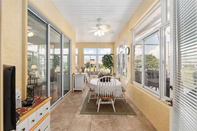 sunroom / solarium featuring wood ceiling and ceiling fan