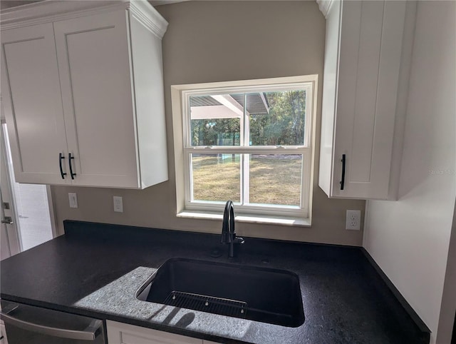 kitchen with white cabinets, stainless steel dishwasher, and sink