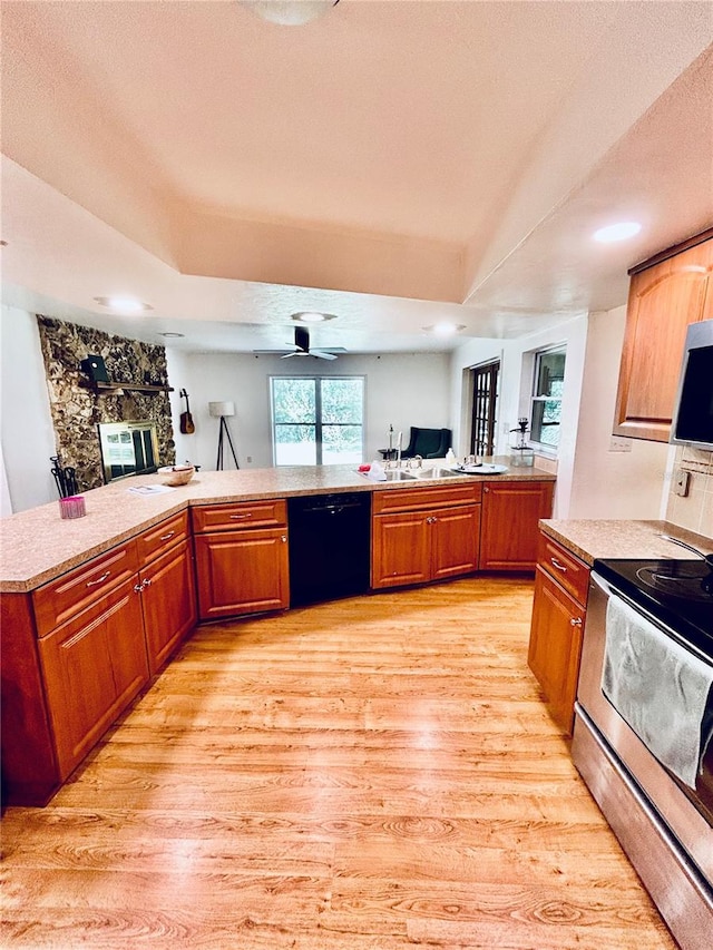 kitchen with sink, ceiling fan, a fireplace, appliances with stainless steel finishes, and light hardwood / wood-style floors