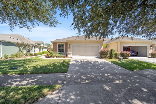 ranch-style house with a front yard and a garage