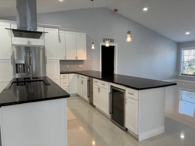 kitchen featuring island exhaust hood, pendant lighting, white cabinets, wine cooler, and stainless steel refrigerator with ice dispenser