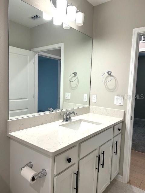 bathroom with vanity and hardwood / wood-style flooring