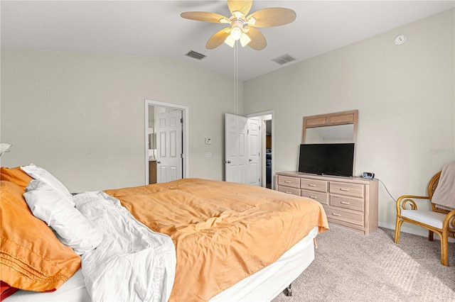 carpeted bedroom with lofted ceiling and ceiling fan