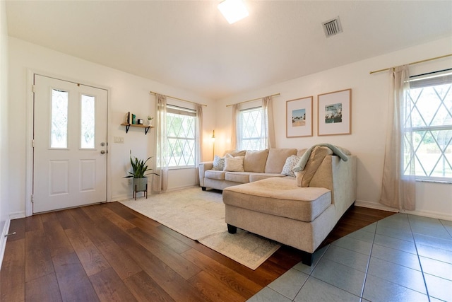 living room with hardwood / wood-style flooring and a healthy amount of sunlight