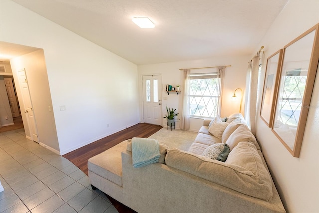 living room featuring wood-type flooring and lofted ceiling