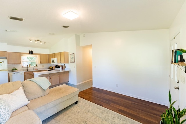 living room featuring sink, light hardwood / wood-style flooring, and vaulted ceiling