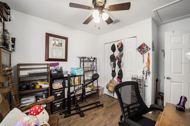 office with ceiling fan and hardwood / wood-style flooring