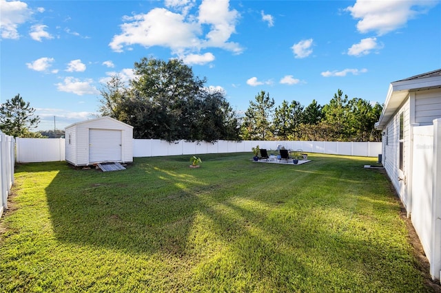 view of yard featuring a patio and a storage unit