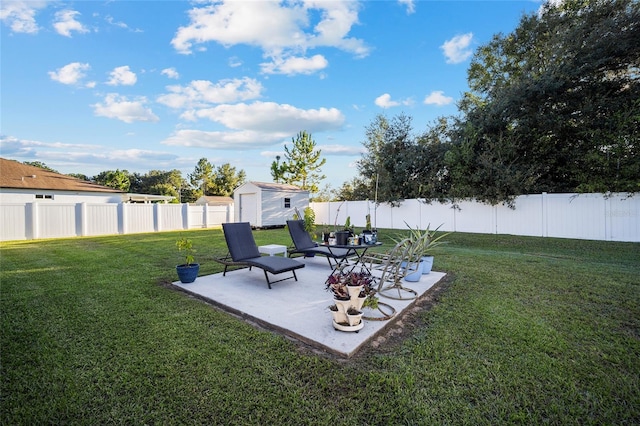 view of yard featuring a patio and a shed