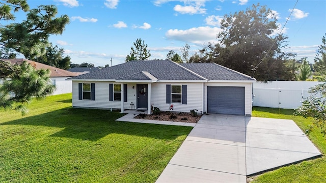 ranch-style house with a garage and a front yard