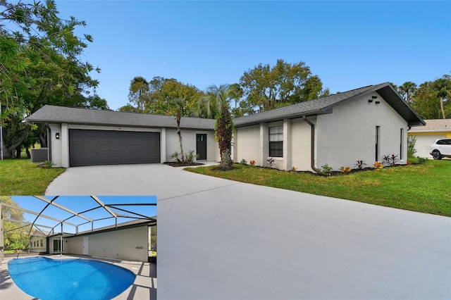 single story home with a garage, cooling unit, a front lawn, and glass enclosure