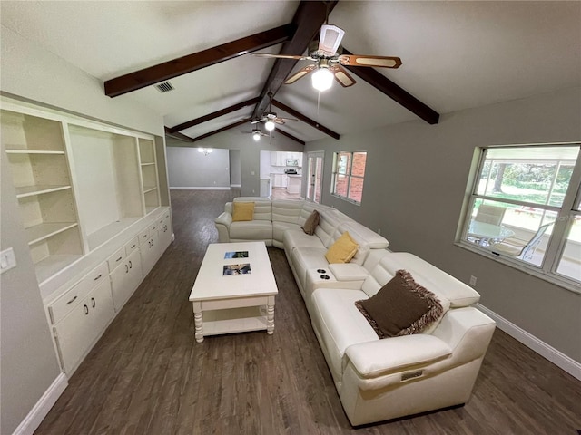 living room with vaulted ceiling with beams, ceiling fan, and dark hardwood / wood-style floors