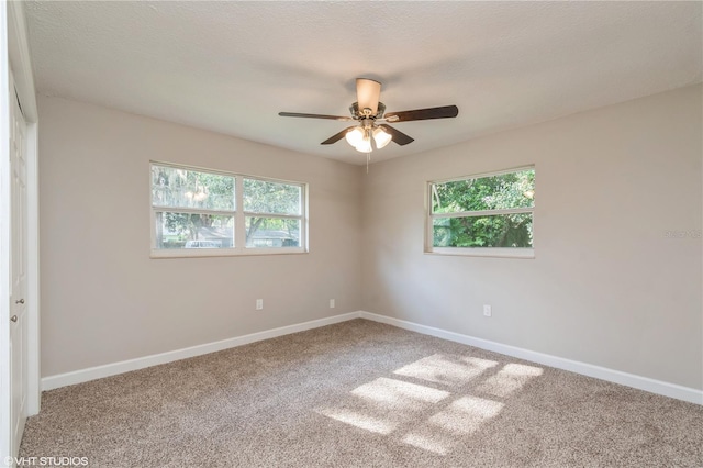 carpeted spare room featuring ceiling fan, a textured ceiling, and a wealth of natural light