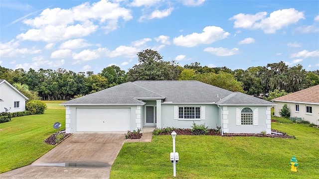 single story home featuring a front yard and a garage