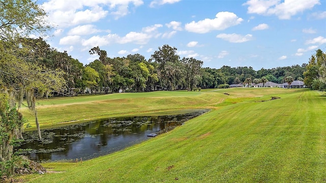 view of property's community with a yard and a water view