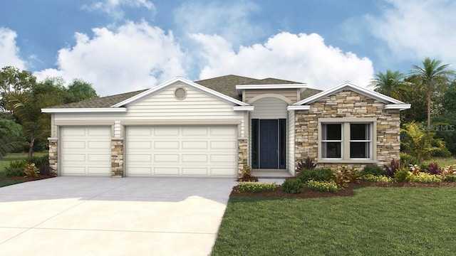 view of front of home featuring a front yard and a garage