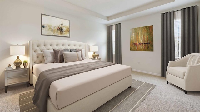 carpeted bedroom with multiple windows and a raised ceiling