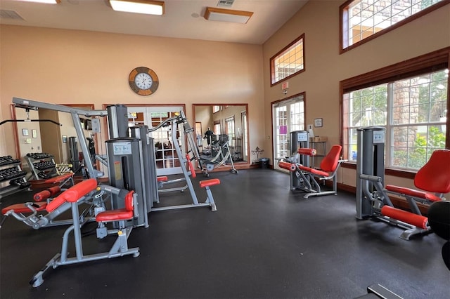 workout area featuring a high ceiling