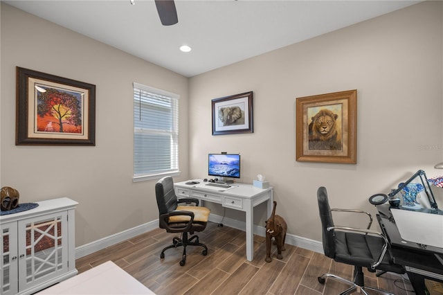 office space with ceiling fan and hardwood / wood-style floors