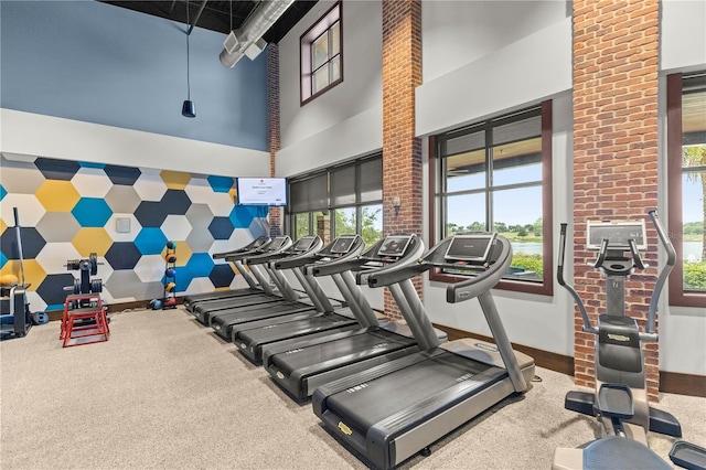 exercise room featuring carpet and a towering ceiling