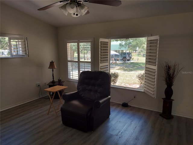 living area featuring a healthy amount of sunlight, hardwood / wood-style floors, and ceiling fan