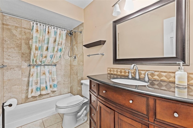 full bathroom with vanity, tile patterned floors, toilet, and a shower with curtain