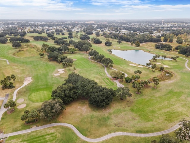 bird's eye view featuring a water view and golf course view