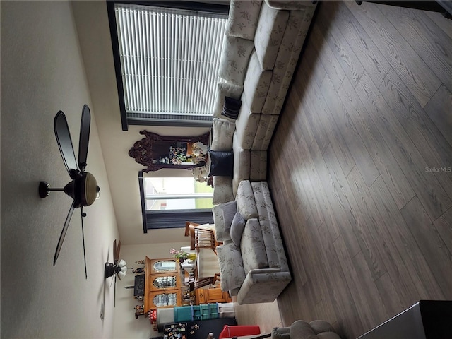 living room with wooden walls