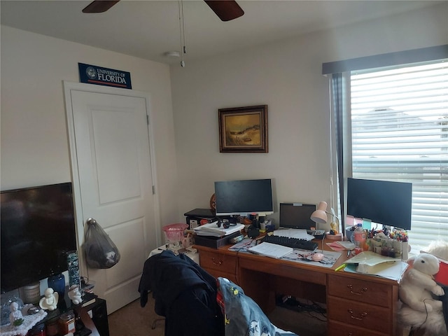 office area with ceiling fan, plenty of natural light, and carpet