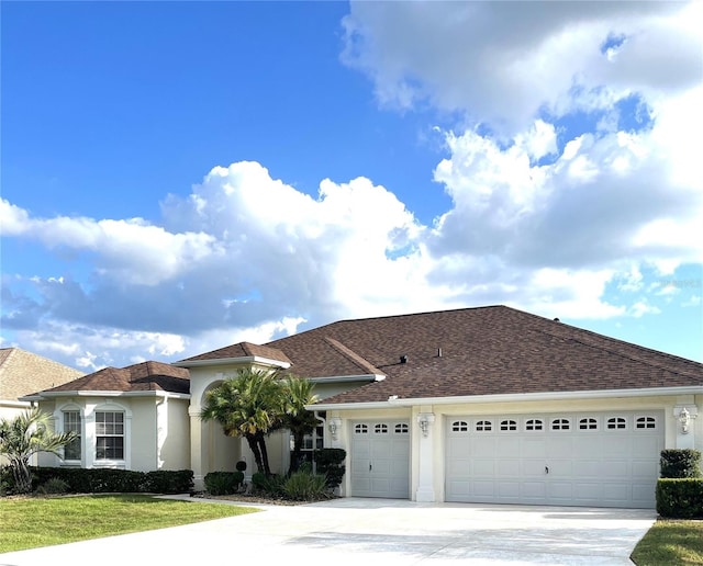 view of front of house with a front lawn and a garage