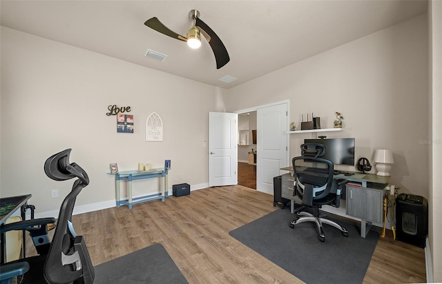 office featuring ceiling fan and hardwood / wood-style floors