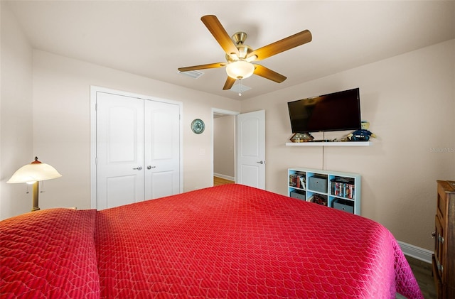 bedroom with ceiling fan and a closet