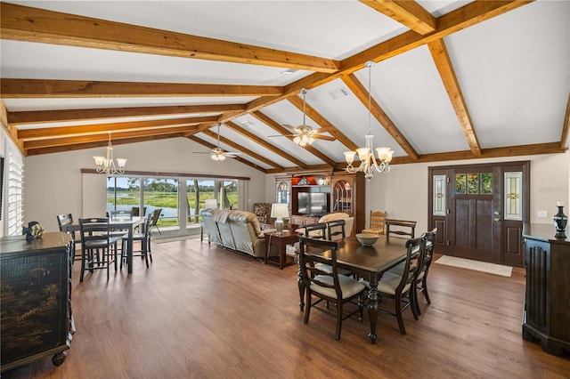 dining space with ceiling fan with notable chandelier, lofted ceiling with beams, and dark wood-type flooring