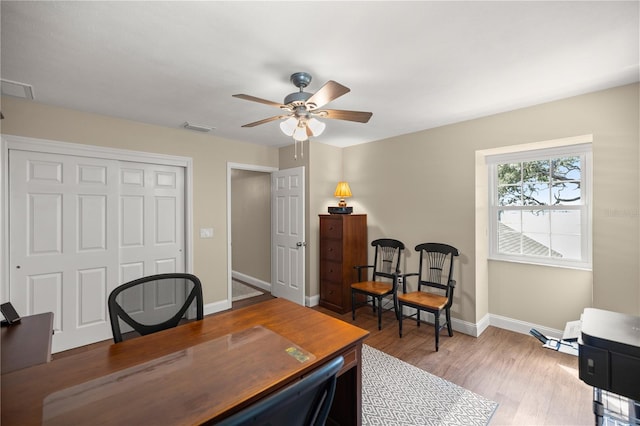 office area featuring ceiling fan and hardwood / wood-style flooring