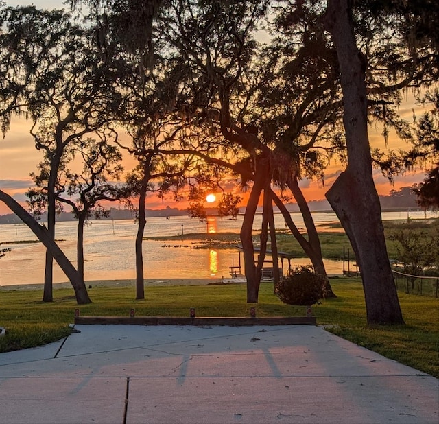 view of community featuring a water view and a yard