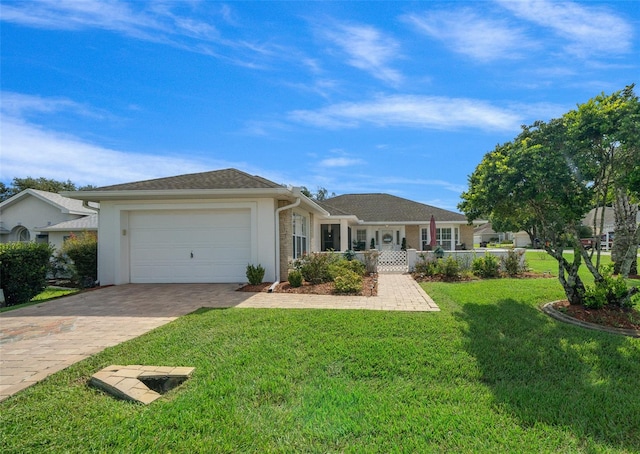 single story home with a garage and a front lawn