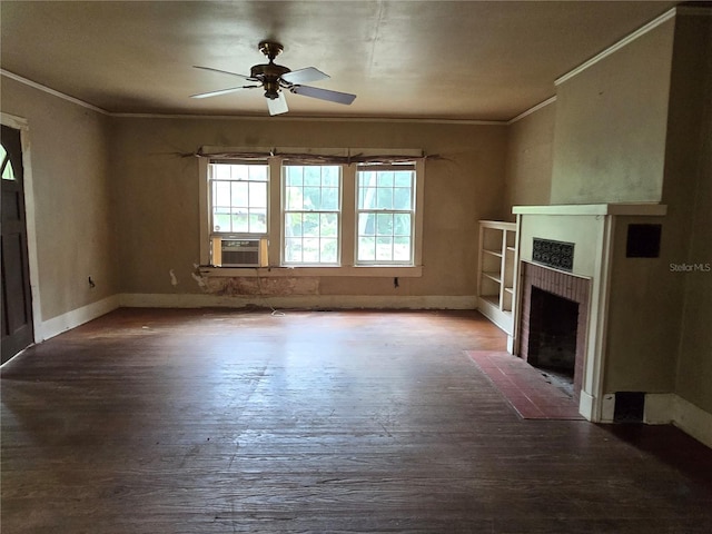 unfurnished living room with ceiling fan, cooling unit, crown molding, and wood-type flooring