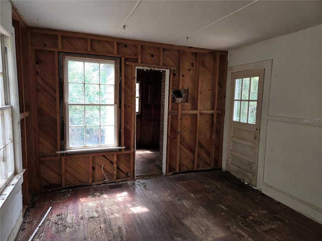 empty room featuring wooden walls and dark hardwood / wood-style flooring