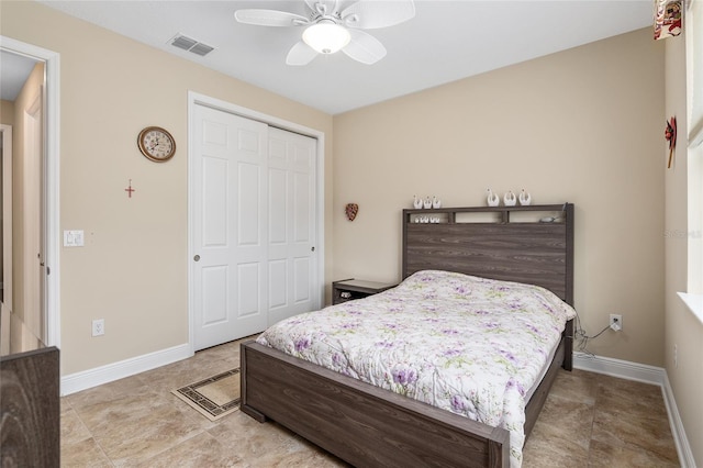 bedroom with ceiling fan and a closet