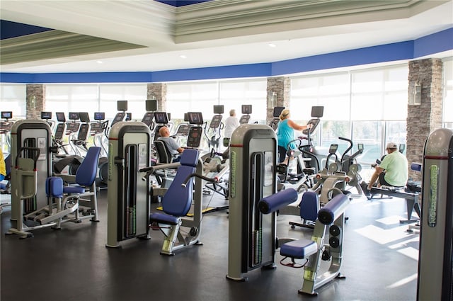 exercise room with a raised ceiling and crown molding