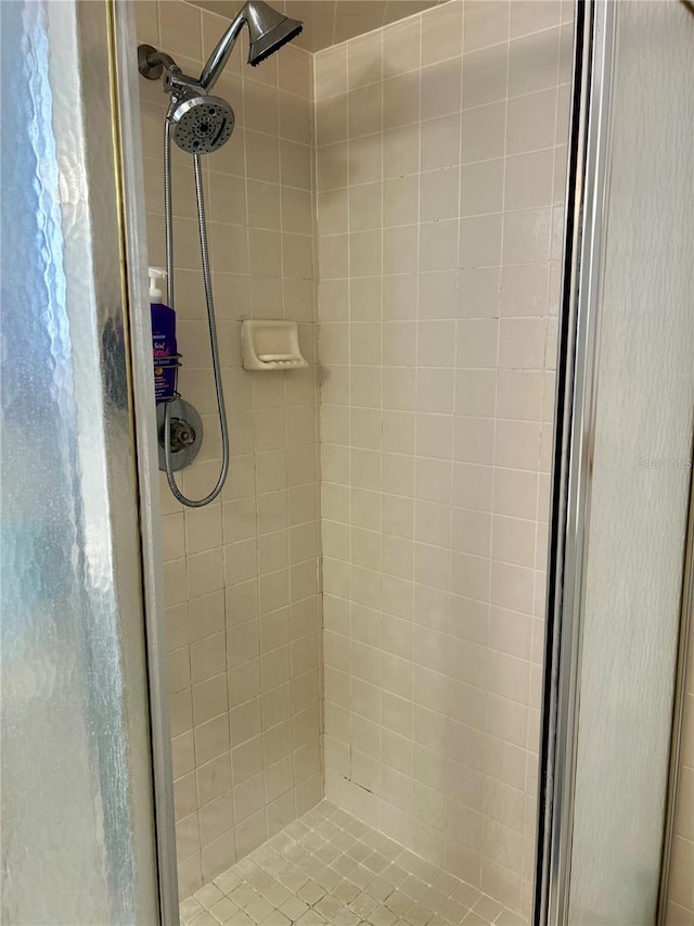 bathroom with a shower with shower door