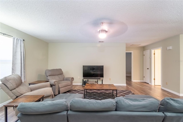 living room with hardwood / wood-style flooring and a textured ceiling