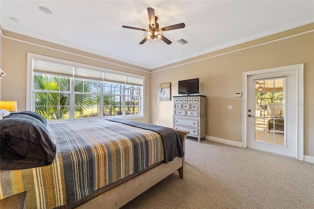 bedroom featuring access to outside, carpet floors, crown molding, and ceiling fan