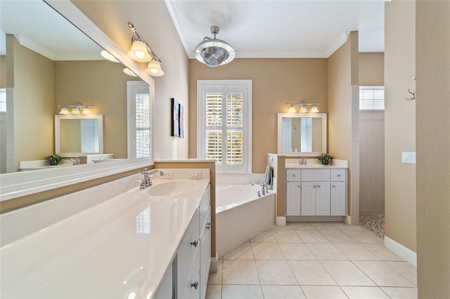 bathroom featuring vanity, separate shower and tub, ornamental molding, and tile patterned flooring