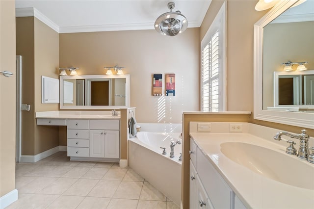 bathroom featuring vanity, crown molding, tile patterned floors, and a bath