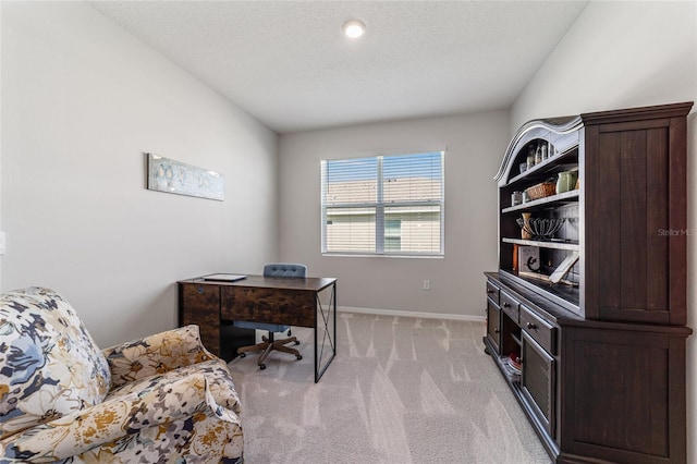 office area featuring light carpet and a textured ceiling