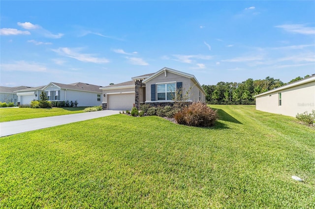 ranch-style home with a garage and a front lawn