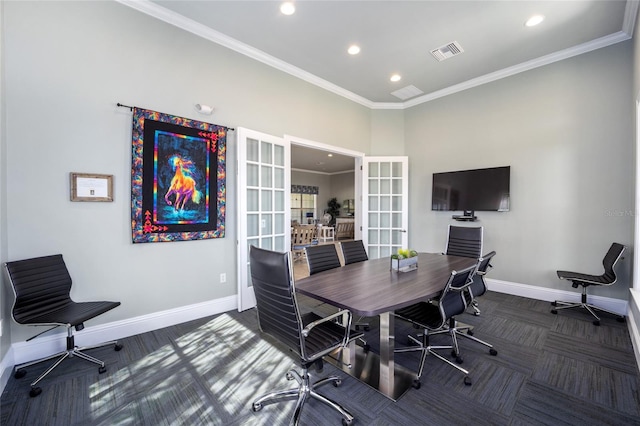 home office with french doors and ornamental molding