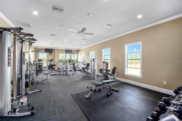 workout area with a healthy amount of sunlight, crown molding, and ceiling fan