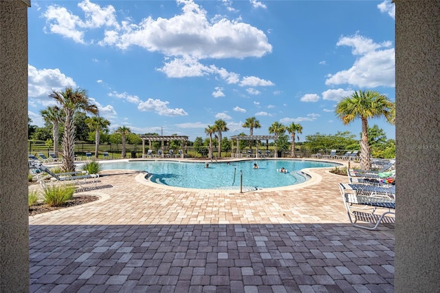 view of swimming pool featuring a patio